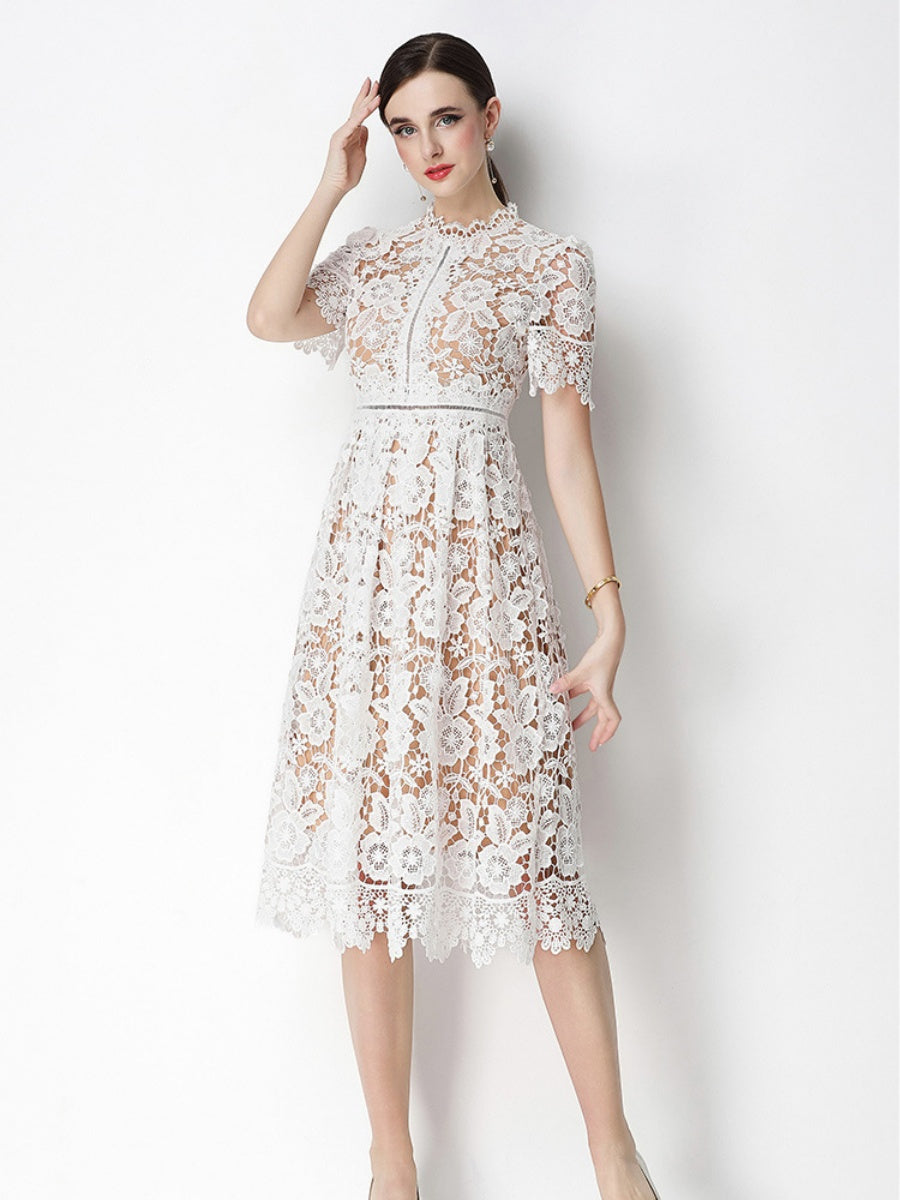 Hollow-out Water-soluble Lace Midi Dress