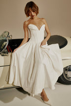 Strapless Plunging V-Neck Corset Bodice Box Pleat A-Line Midi Dress