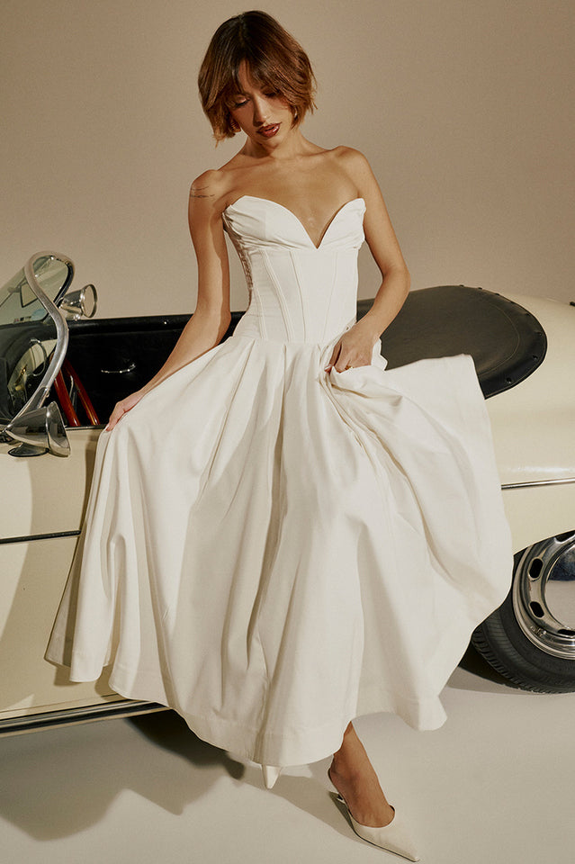 Strapless Plunging V-Neck Corset Bodice Box Pleat A-Line Midi Dress