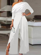 Sloping Shoulders Asymmetrical High Waist Slit Jumpsuits