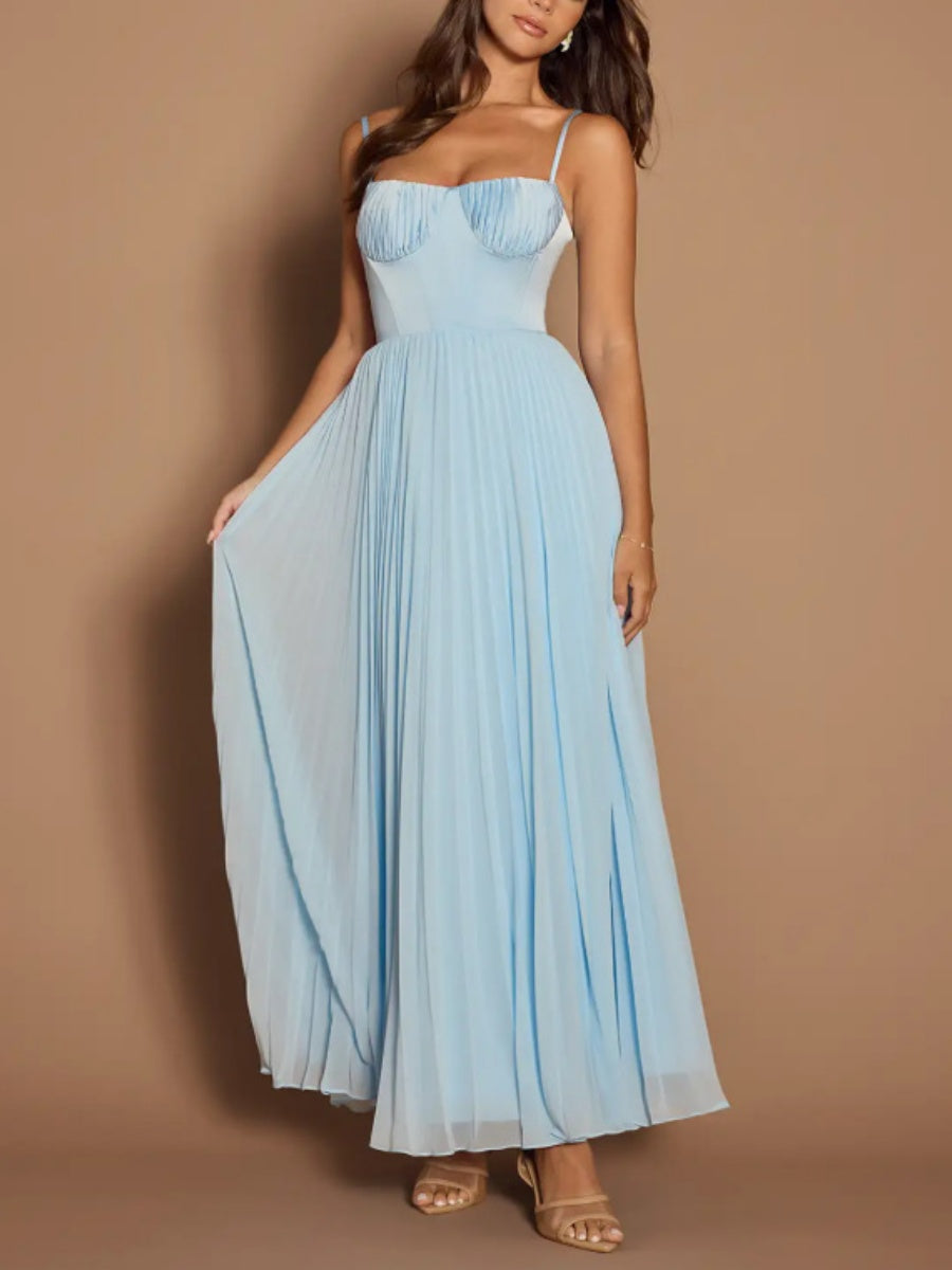 Sleeveless Deep V Slim Fit Pleated Camisoles Maxi Dresses