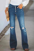 Flare Bottoms Ripped Buttons Jeans
