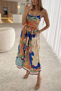 Tie Shoulder Pocketed Unique Print Midi Vacation Cami Dress