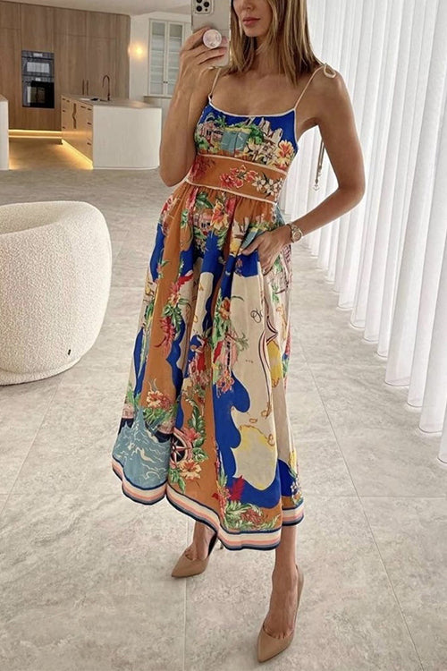 Tie Shoulder Pocketed Unique Print Midi Vacation Cami Dress
