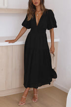 V Neck Lantern Sleeves Waisted Ruffle Maxi Dress
