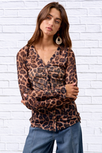 i Leopard Printed Mesh Shirt With Button Up V Neck