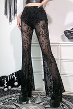 Elastic Waist Bell Bottomed Mesh Lace Pants