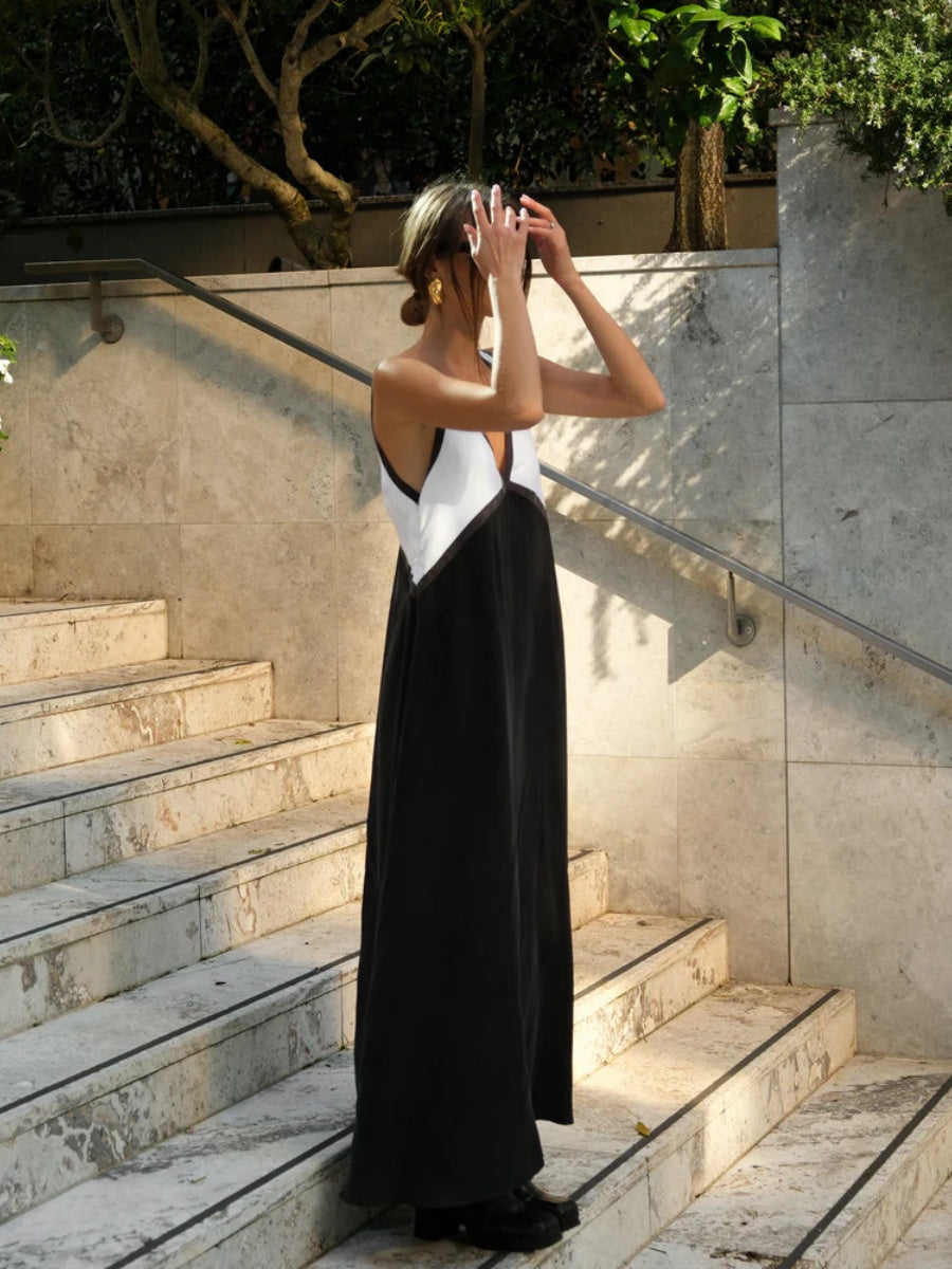 V-neck Sleeveless Color-blocked Maxi Dress