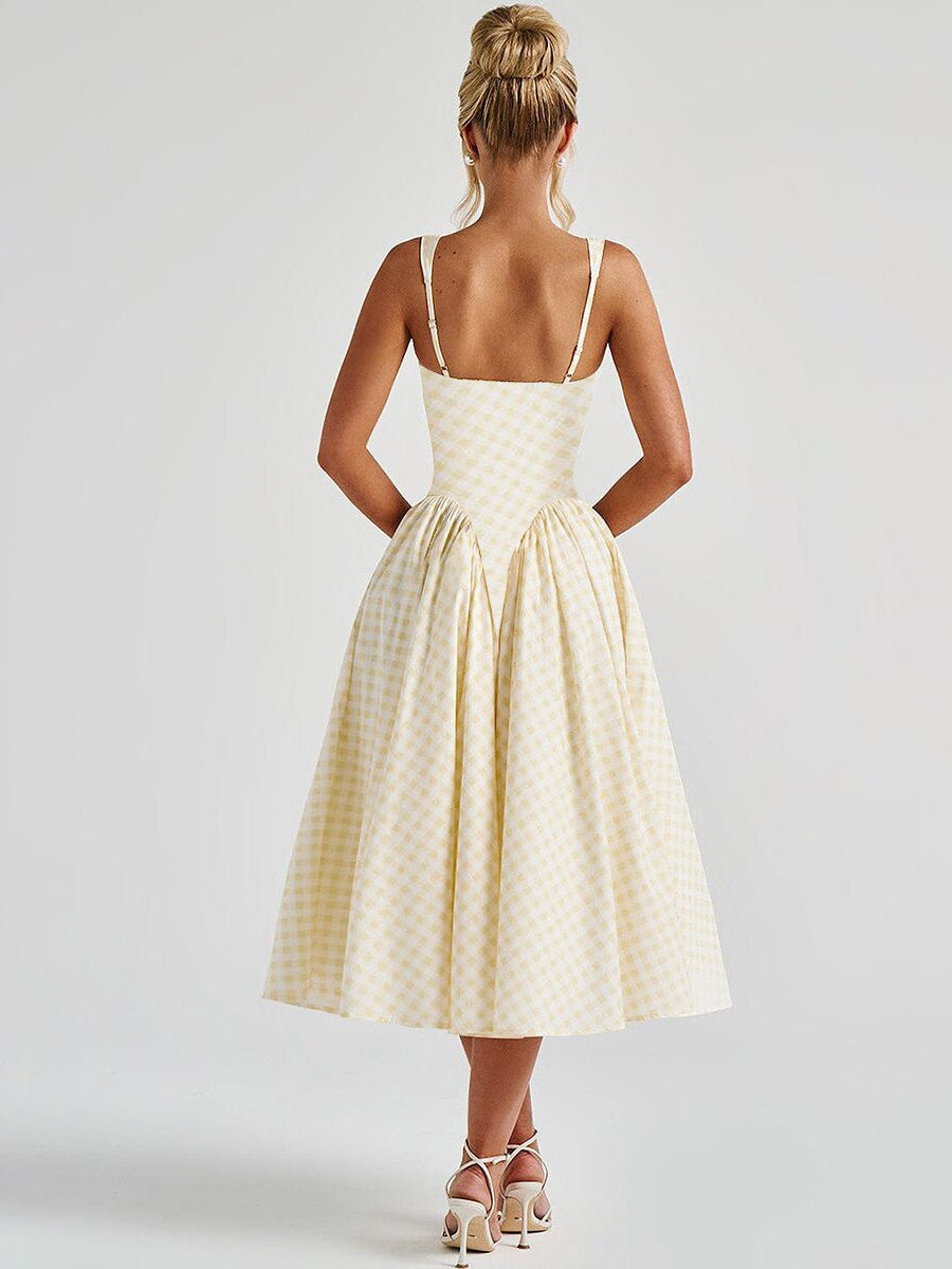Plaid Print, Fitted Waist, Sexy Backless Halter Maxi Dress