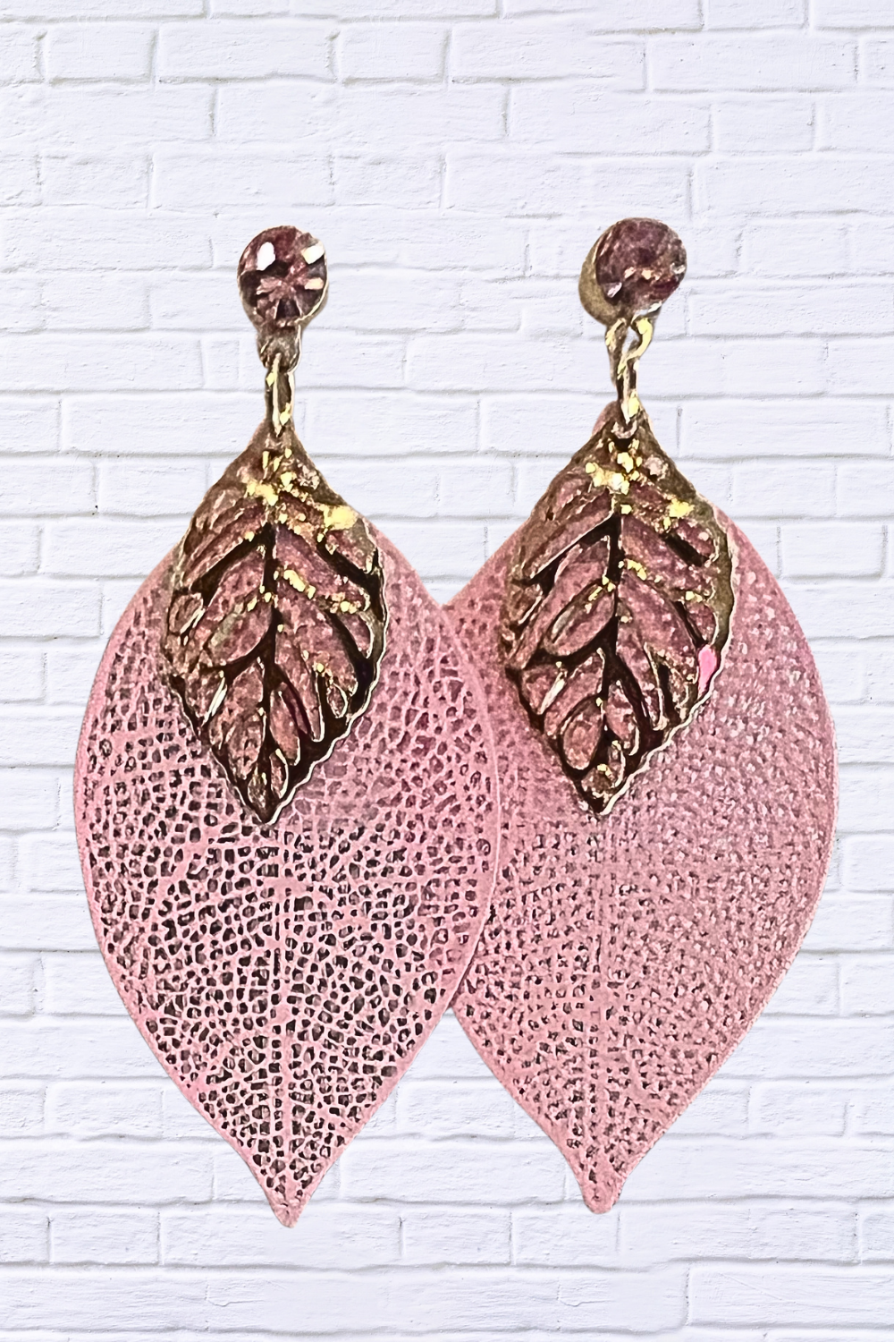 Pink & Gold Leaf Drop Earrings _ Nature-Inspired Elegance