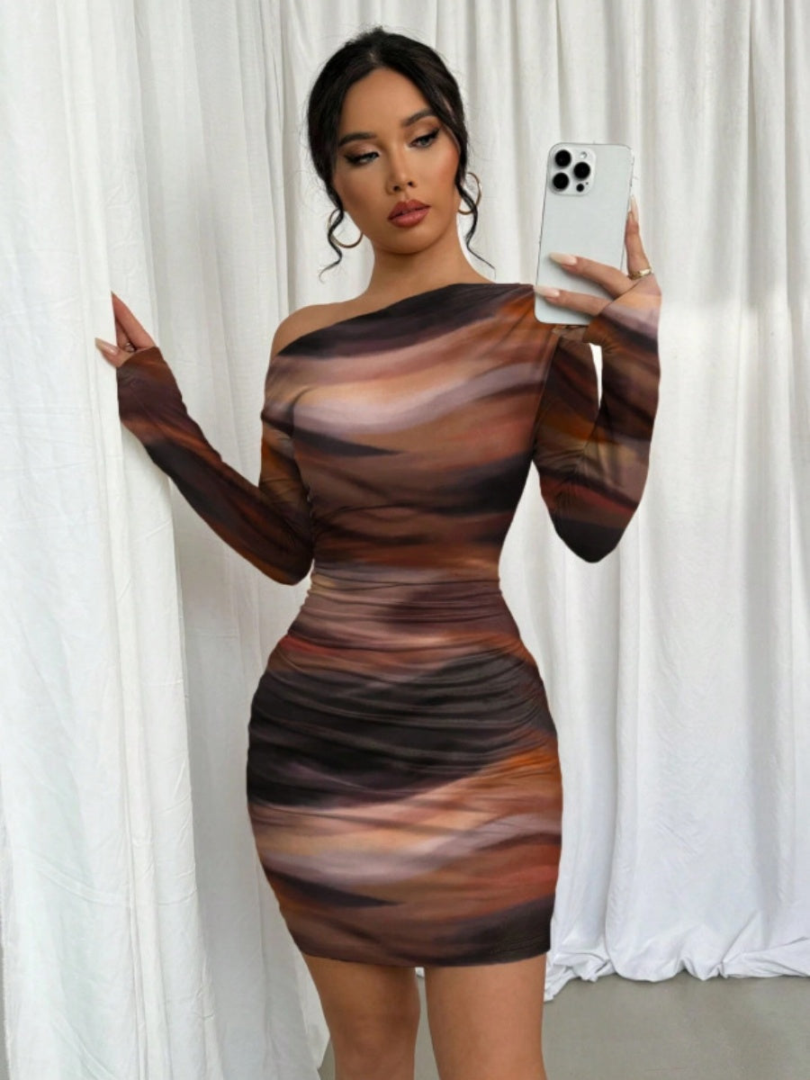 Pleated Slim-fit Hip-hugging Slant Collar Printed Mini&Short Dresses