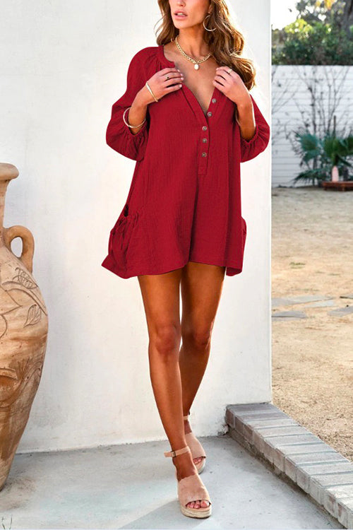 Solid Button Down Shorts Romper with Pockets