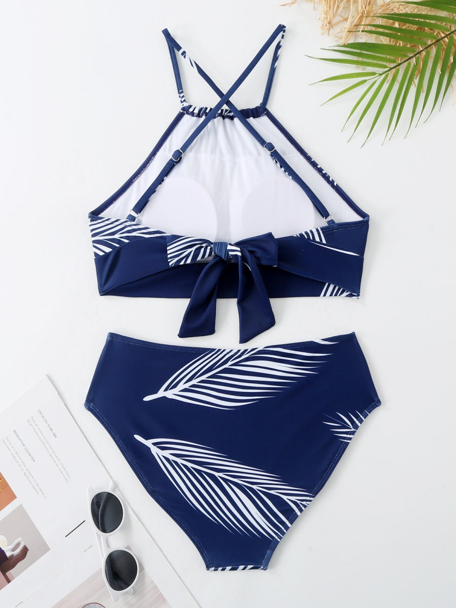 Feather Print Two-Piece Swimsuit With Sun Protection And Skirt (Three-Piece Set)