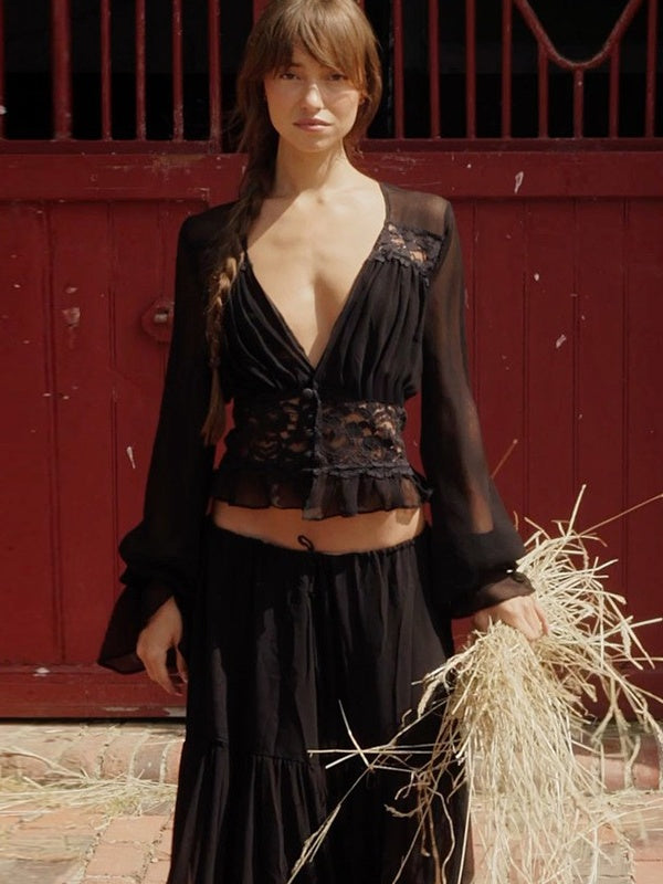 Two-piece Set: Lace Chiffon Cardigan Top, Loose-fitting Sheer Belted Skirt