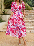 Waist-cinching Deep V-neck Floral Print Maxi Dresses