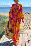 V Neck Long Sleeves Tie Waist Floral Maxi Holiday Dress