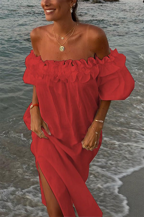 Off Shoulder Ruffle Trim Slit Cotton Linen Maxi Vacation Dress