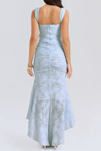 Off Shoulder Corset Jacquard Ruched High Low Maxi Dress