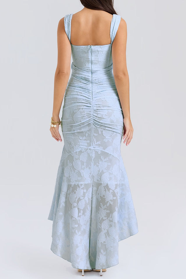 Off Shoulder Corset Jacquard Ruched High Low Maxi Dress