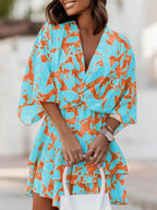 Loose-fit Batwing Sleeves Printed Commuting Mini&Short Dresses