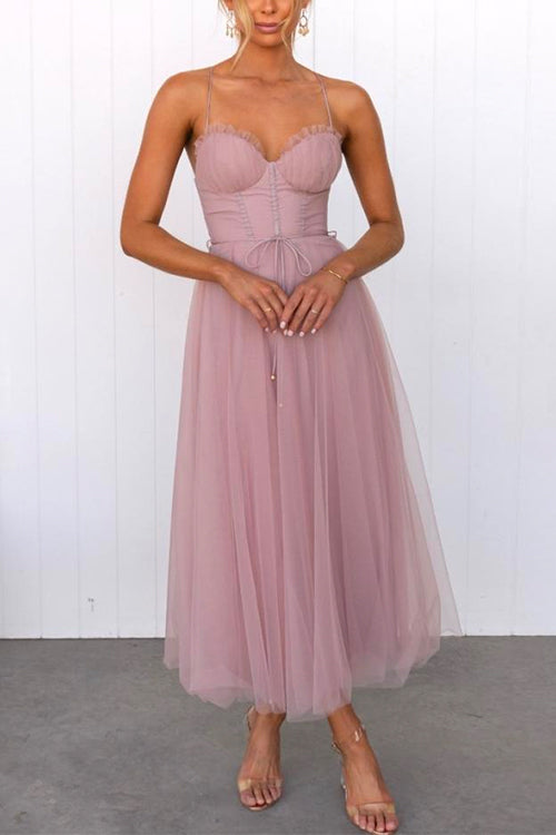 Backless Tie Waist Mesh Swing Maxi Cami Dress