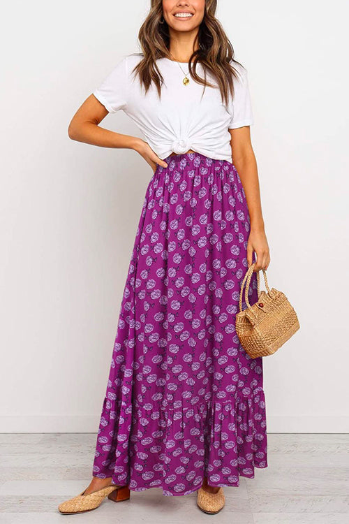 High Waist Bohemia Printed Maxi Ruffle Beach Skirt