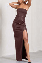 Strapless High Slit Faux Leather Bodycon Maxi Dress