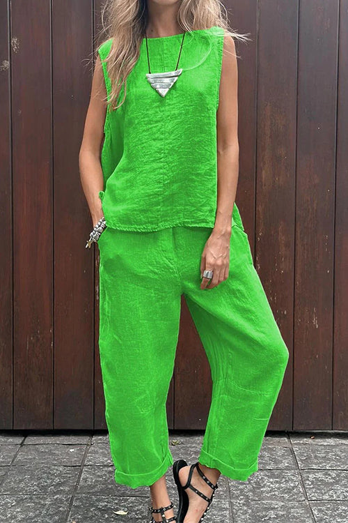 Casual Sleeveless Pullover Top Wide Leg Pants Cotton Linen Set