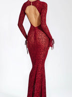 Backless Slightly Flared Sleeves Fishtail Skirt Mesh Printing Maxi Dresses
