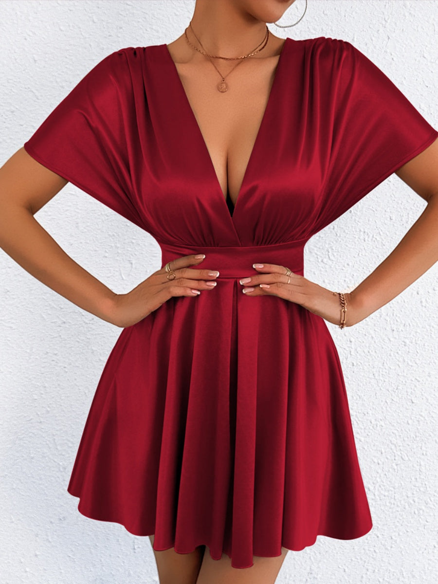 V-neck, Fitted Waist, Zippered, Glossy Short Dress
