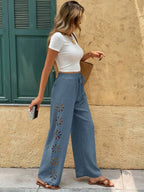 Minimalist Style Drawstring Hollow-out Solid Color Loose Wide-leg Trousers