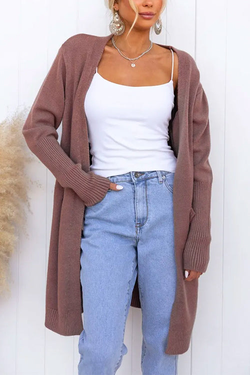 Open Front Pockets Solid Knitting Midi Cardigan