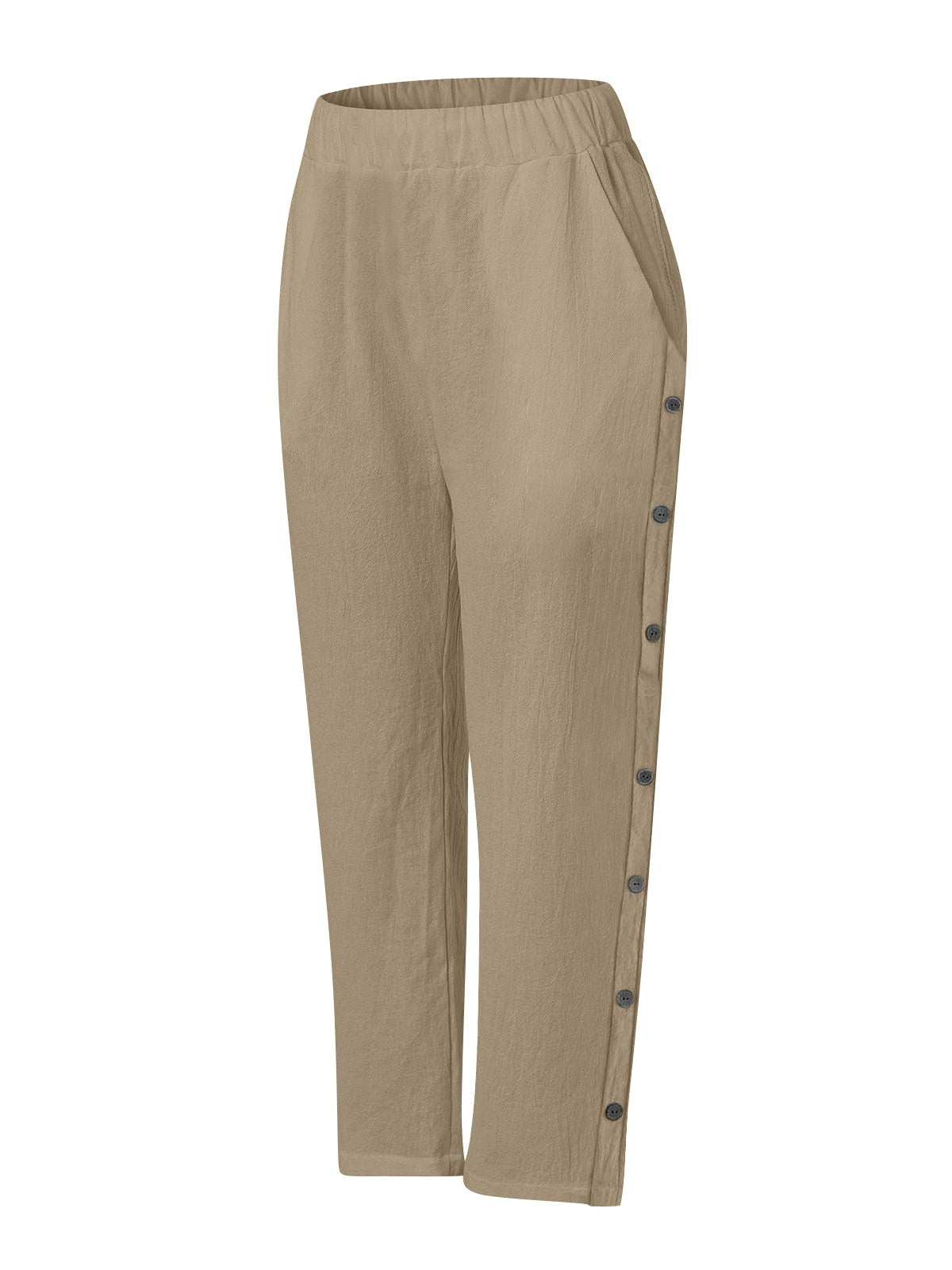 Breathable Cotton And Linen Cropped Trousers With Decorative Side Seams, Side Pockets, And A High Waist.