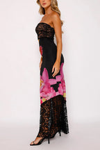 Strapless Lace Splice Floral Print Maxi Dress