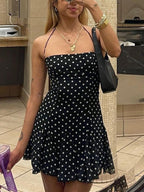 Polka Dot Print Fitted Waist Strapless Halter Neck Short Dress