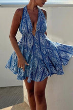Halter V Neck Open Back Printed Mini Vacation Dress