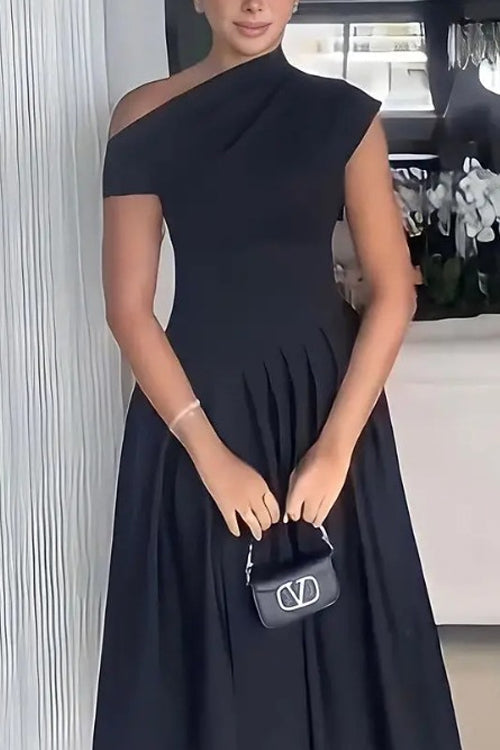 Elegant Asymmetric Shoulder Pleated Swing Maxi Dress