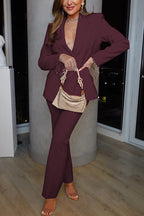 One Button Pocketed Blazer and Straight Leg Pants Power Suit Set