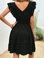 V-neck Pleated Ruffles Solid Color Mini&Short Dresses