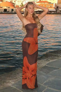 Strapless Large Lily Floral Print Mesh Bodycon Maxi Dress
