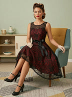 Retro Dress Green 1950s Style Two-Tone Sash Sleeveless V-Neck Medium Rockabilly Dress