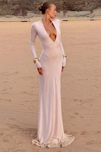 Elegant Deep V-Neck Long Sleeve Birthday Dress