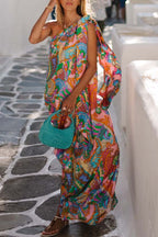 Rainbow Breeze Satin Unique Print Bow One Shoulder Loose Maxi Dress
