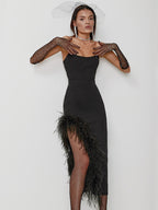 Bodycon Dress Feather Trim Off The Shoulder Asymmetrical Party Club Dresses