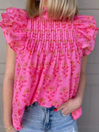 Floral Print Pleated Ruffled Flutter Sleeve Blouse