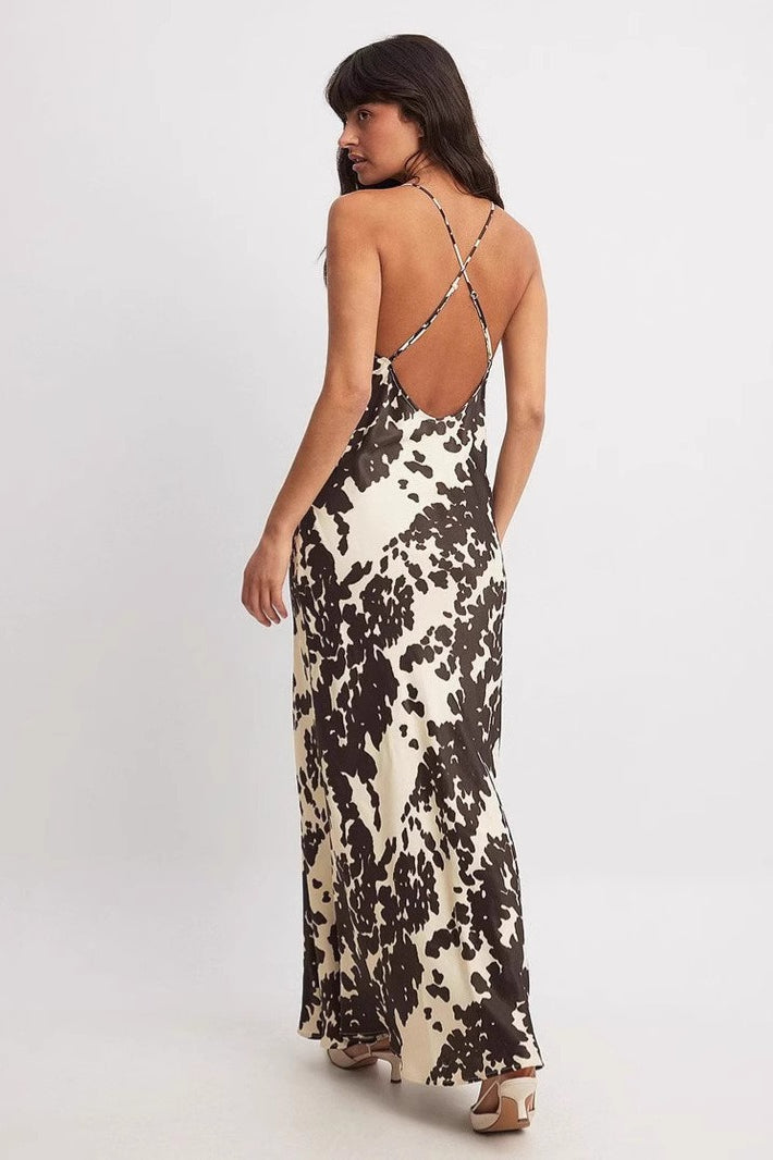 Deep V Spaghetti Strap Cow Print Satin Maxi Slip Dress