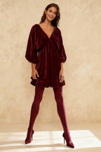 Velvet Gathered V-Neck Balloon Sleeve Empire Waist Mini Dress
