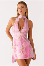 Halter Choker Deep V Neck Asymmetric Hem Watercolor Floral Print Mini Dress