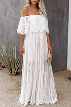 White Off Shoulder Ruffle Overlay Lace Panel Sheer Hem Maxi Dress