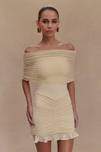 Off Shoulder Mesh Band Ruched Ruffle Hem Bodycon Mini Dress